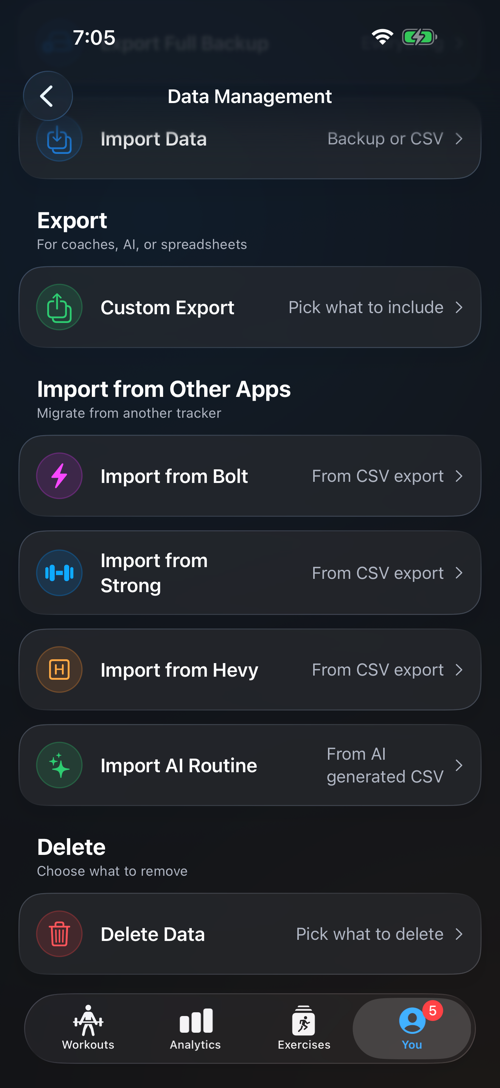 RepXP App - Workouts aus Strong, Hevy, Bolt oder GymBook importieren